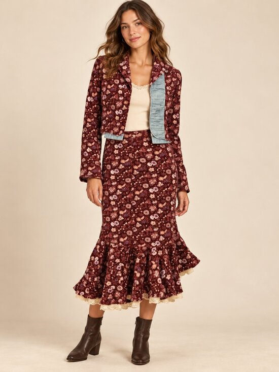 Free People Dresses & Skirts - NWT VINTAGE Free People Corduroy Floral Jacket and Ruffle Skirt Set Size 0/2